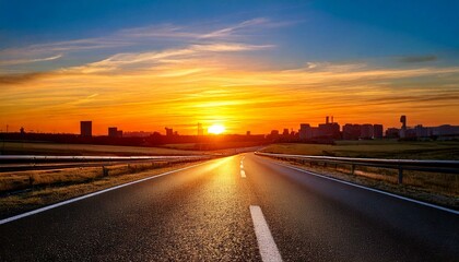 asphalt highway with background of buildings and sunset 