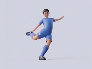 3D Soccer Player in Action Kicking Ball Against Light Background