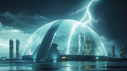 Futuristic city dome during stormy night with lightning strike.