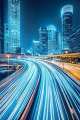 Cityscape with light trails on highway at night in futuristic urban environment