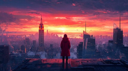 Obraz premium The girl standing at the edge of a rooftop overlooking the city at sunset.