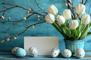 Colorful Easter decorations with white tulips and speckled eggs create a festive atmosphere in springtime