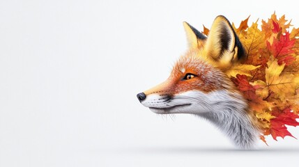Fototapeta premium A fox's head adorned with autumn leaves, blending nature and art.