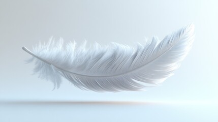 A delicate white feather floats gracefully in a soft, light background.