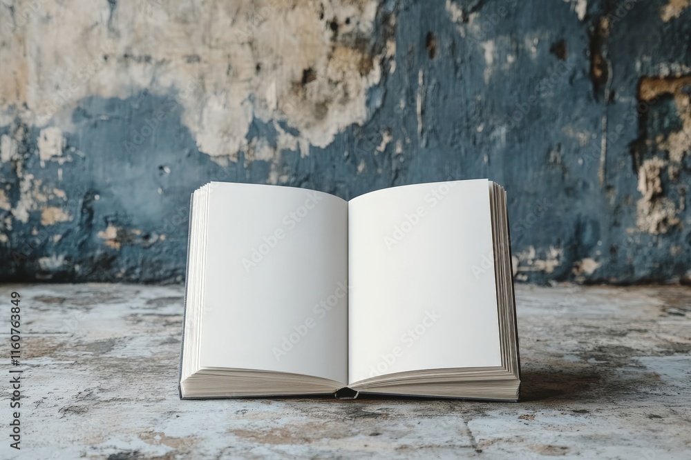 Poster open blank book on a rustic surface with peeling paint in a quiet indoor setting