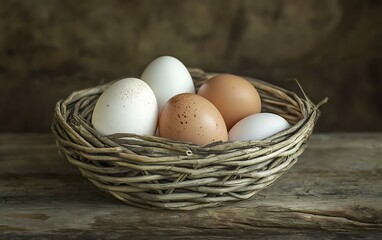 a basket of eggs on a wood surface