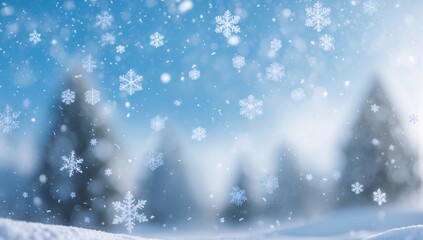 Naklejka premium Magical winter wonderland with delicate snowflakes gently falling over serene white landscape and evergreen trees under a bright blue sky