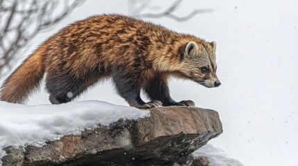 Naklejka premium A wild animal with a bushy tail stands on a rock covered in snow.