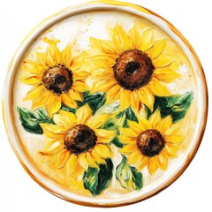 Vibrant sunflowers arranged beautifully on a decorative plate.