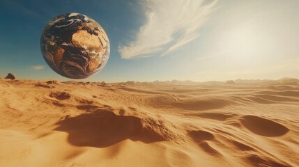 Desolate Earth: A surreal landscape depicting a parched desert with a seemingly floating Earth above, symbolizing environmental crisis and the fragility of our planet.