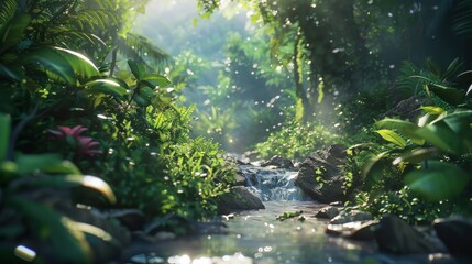 Fototapeta premium Serene jungle scene with a clear stream surrounded by dense greenery, sunlight streaming through the foliage, and a tranquil rainforest atmosphere. 