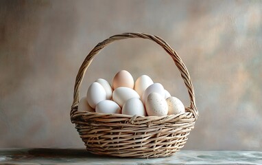 a basket of eggs on a wood surface