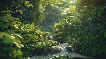 Serene jungle scene with a clear stream surrounded by dense greenery, sunlight streaming through the foliage, and a tranquil rainforest atmosphere.	