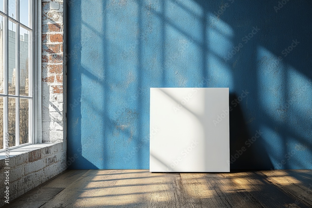 Poster empty canvas placed in a modern room with blue walls and natural light streaming through large windo