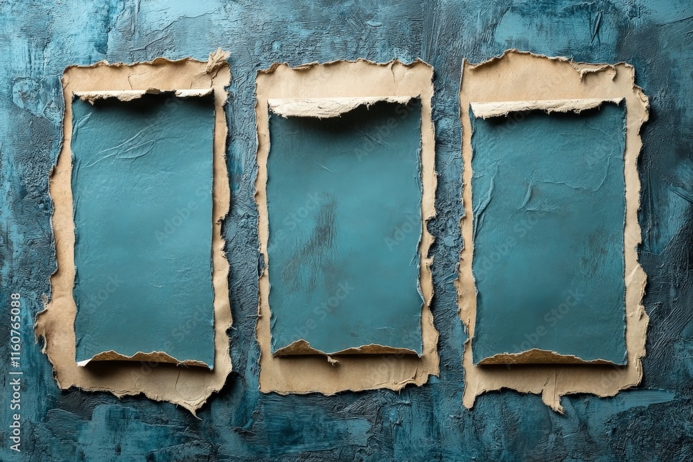 Poster Textures and colors create a rustic backdrop with torn paper frames on a teal surface