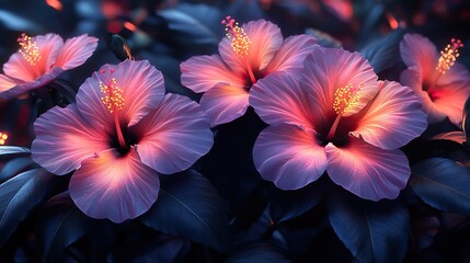 Abstract tropical flowers create a bright wallpaper with cyberpunk digital art. This futuristic design features hibiscus and floral arrangements on a dark background with vibrant colors