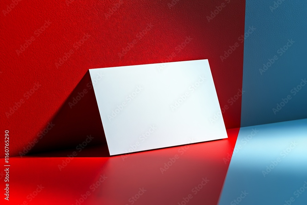 Poster simple blank card positioned on vibrant red and blue backgrounds with soft shadows accentuating the 