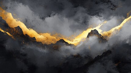Golden sunset illuminating dark mountain peaks through clouds.