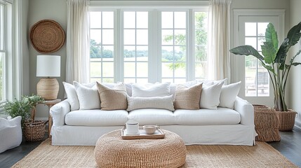 A living room with a white couch and natural wicker accents.