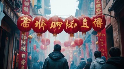 Obraz premium Festive Chinese New Year street scene with red lanterns and crowds.