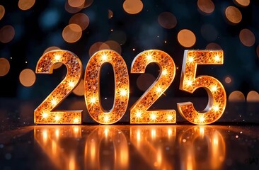 Happy New Year 2025 background, illustration for holiday design with lights and fireworks