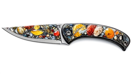 Stunning Artistic Folding Knife with Colorful Inlay Design Featuring Gemstones, Pearls, and Natural Elements for Unique Collectible or Gift Option