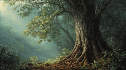Fototapeta premium Majestic ancient tree in a misty forest.