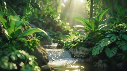 Fototapeta premium Serene jungle scene with a clear stream surrounded by dense greenery, sunlight streaming through the foliage, and a tranquil rainforest atmosphere.