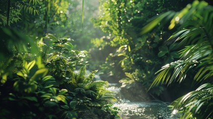 Serene jungle scene with a clear stream surrounded by dense greenery, sunlight streaming through the foliage, and a tranquil rainforest atmosphere.