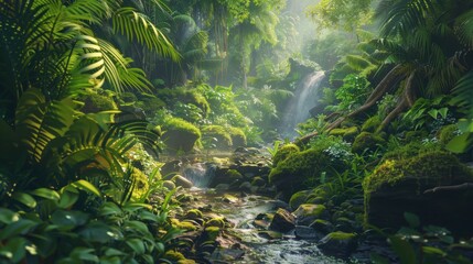 Serene jungle scene with a clear stream surrounded by dense greenery, sunlight streaming through the foliage, and a tranquil rainforest atmosphere.