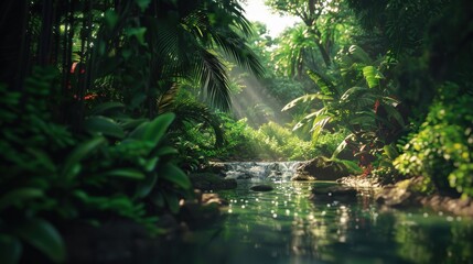 Serene jungle scene with a clear stream surrounded by dense greenery, sunlight streaming through the foliage, and a tranquil rainforest atmosphere.