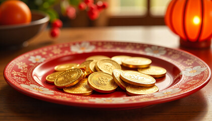 Gold chocolate coins on red decorative plate