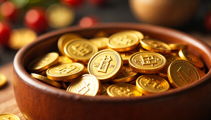Golden coins in wooden bowl with festive decorations