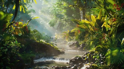 Fototapeta premium Serene jungle scene with a clear stream surrounded by dense greenery, sunlight streaming through the foliage, and a tranquil rainforest atmosphere.