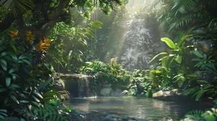 Fototapeta premium Serene jungle scene with a clear stream surrounded by dense greenery, sunlight streaming through the foliage, and a tranquil rainforest atmosphere.