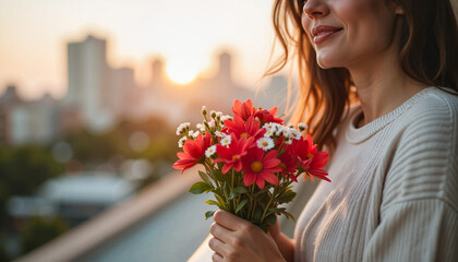 Fototapeta premium Woman smiling with flowers against a sunset city background