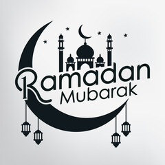 Ramadan Mubarak typography design .Ramadan Kareem text design with Mosque icon , Ramadan lantern , moon icon  and star .