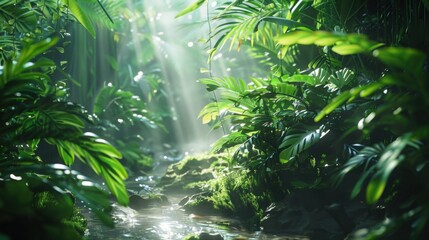 Serene jungle scene with a clear stream surrounded by dense greenery, sunlight streaming through the foliage, and a tranquil rainforest atmosphere.
