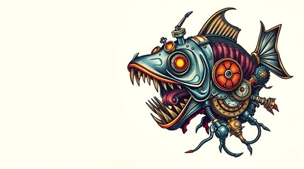 cyberpunk piranha fish, tattoo, poster on white background