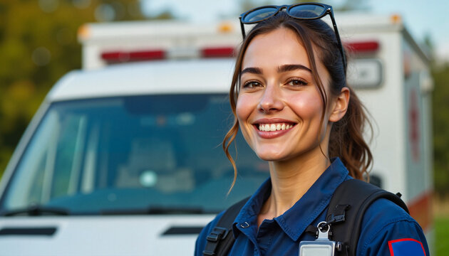 Smiling female paramedic in front of ambulance