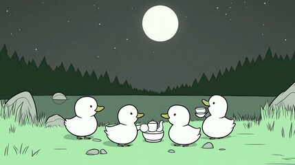 Cartoon ducks gather by a moonlit pond, enjoying a serene nighttime scene surrounded by nature.