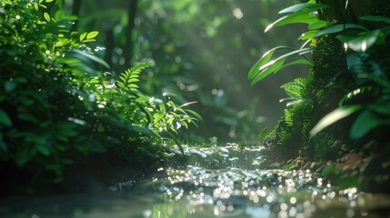 Fototapeta premium Serene jungle scene with a clear stream surrounded by dense greenery, sunlight streaming through the foliage, and a tranquil rainforest atmosphere.
