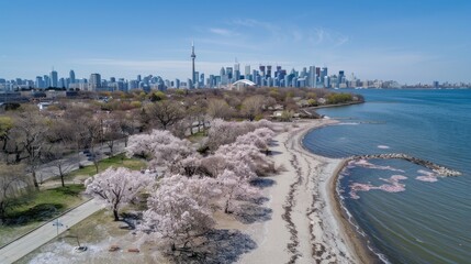 Aerial view of Toronto skyline with cherry blossoms and beach.