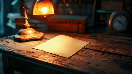 Warmly Lit Vintage Desk with Blank Paper and Antique Lamp, Inviting Creative Inspiration in a Cozy Workspace Atmosphere Surrounded by Nostalgic Items