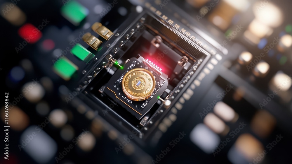 Poster a close-up view of a circuit board featuring a central microchip with glowing elements, showcasing a