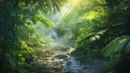 Fototapeta premium Serene jungle scene with a clear stream surrounded by dense greenery, sunlight streaming through the foliage, and a tranquil rainforest atmosphere.