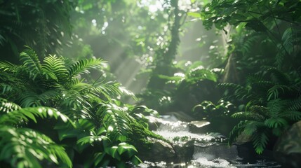 Fototapeta premium Serene jungle scene with a clear stream surrounded by dense greenery, sunlight streaming through the foliage, and a tranquil rainforest atmosphere.