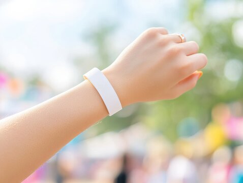 Blank paper wristband mockup. A hand wearing a white bracelet against a blurred outdoor background, conveying a sense of summer and casual style.