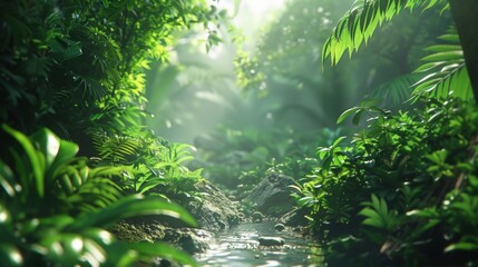 Serene jungle scene with a clear stream surrounded by dense greenery, sunlight streaming through the foliage, and a tranquil rainforest atmosphere.