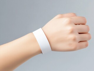 Blank paper wristband mockup. A hand wearing a white wristband against a neutral background, emphasizing simplicity and versatility.